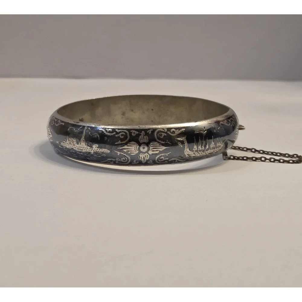 Ornate Antique Sterling Silver Siam Hinge Bangle Bracelet Pre Thailand 8